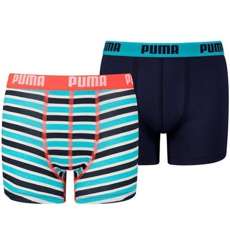 PUMA Lot de 2 Boxers Garçon Coton PRINTED STRIPE Orange Fluo Bleu