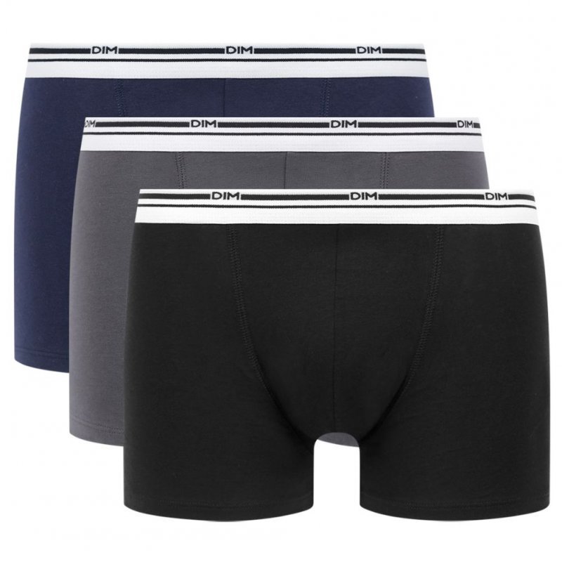 DIM Lot de 3 Boxers Homme Coton DAILY COLORS Bleu denim Gris prononcé Noir