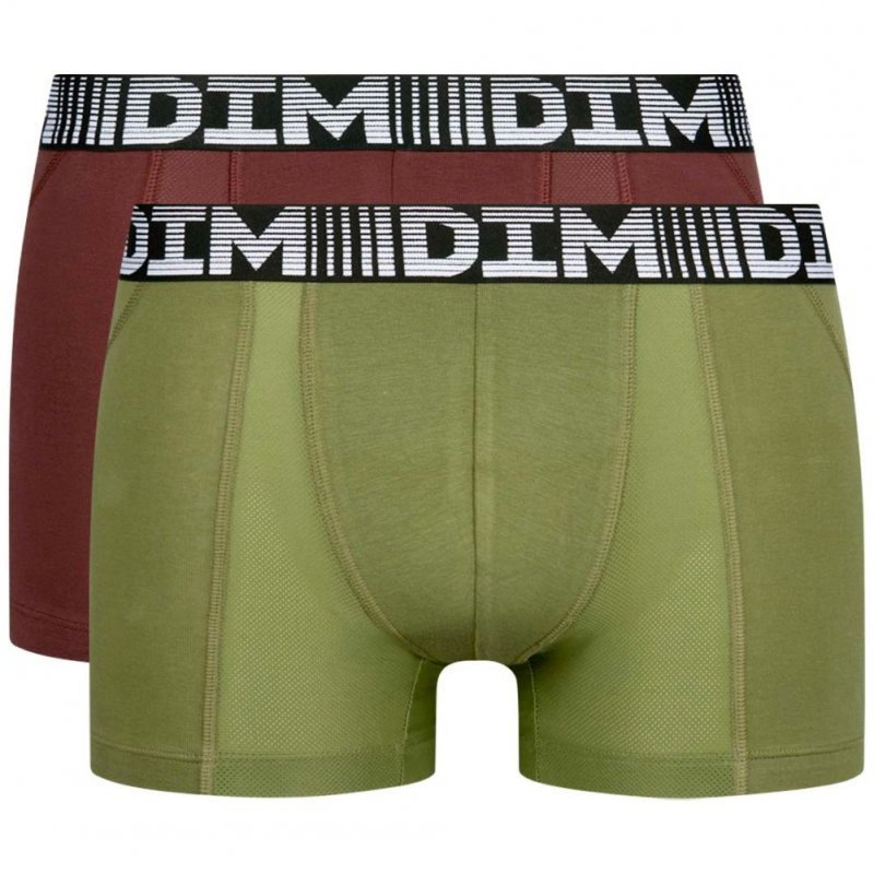 DIM Lot de 2 Boxers Homme Coton 3D FLEX AIR Kaki Bordeaux