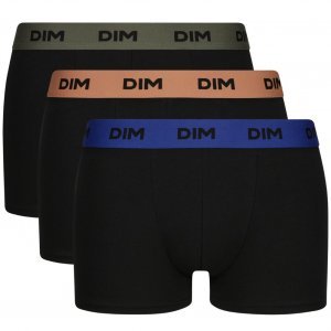 DIM Lot de 3 Boxers Homme Coton MIX AND COLORS Noir ceinture Bleu indigo Noisette Vert tennis